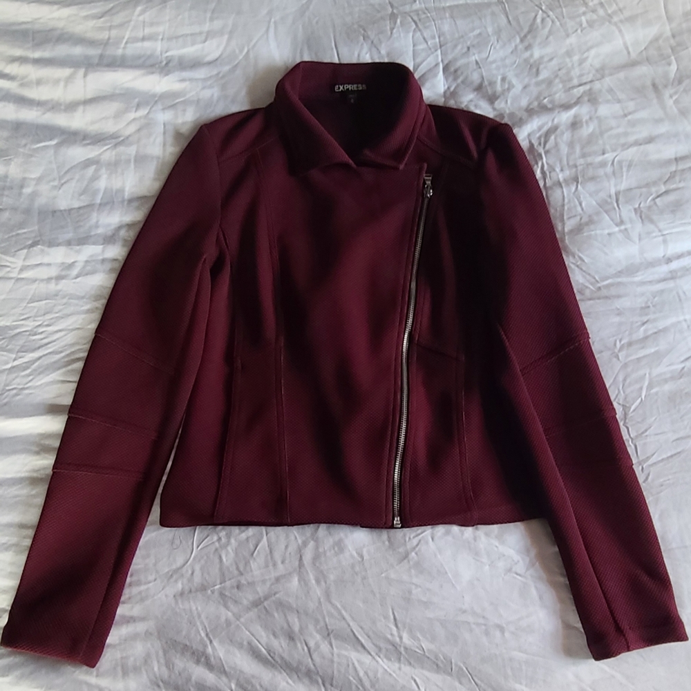 Express Textured Knit Moto Jacket in Berry